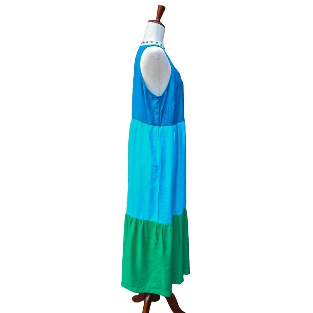 J. Jill Maxi Dress PM Blue Green Colorblock Tiered Boho Coastal Summer - Picture 8 of 16